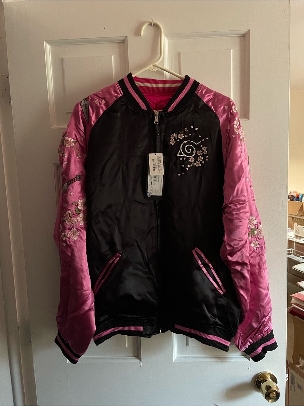 Sakura Embroidered Pink & Black Reversible Bomber Jacket - Picture 2 of 8